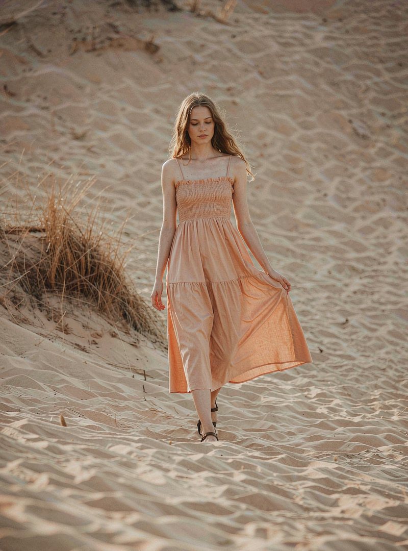 Isla Strappy Midi Dress — Sunfade, modelled outdoors