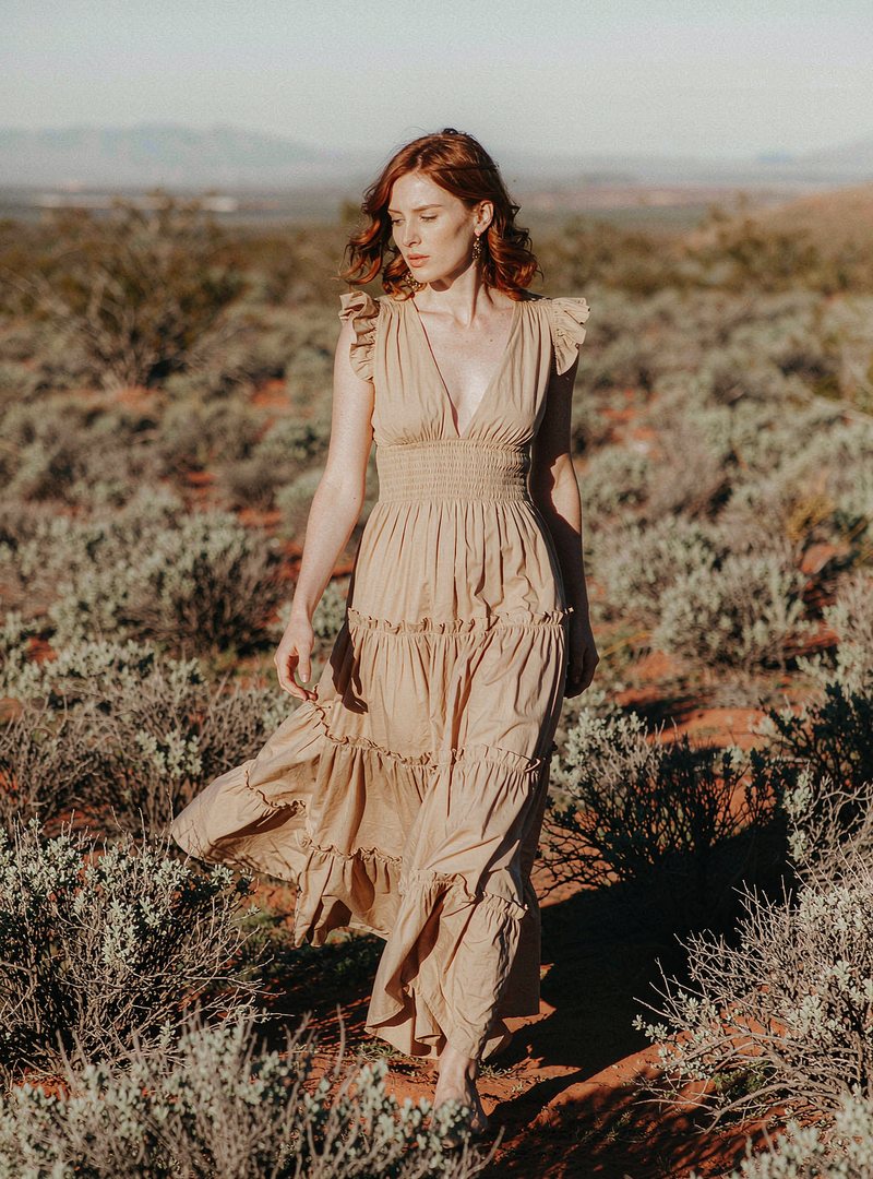 Wren Tiered Maxi Dress — Sandstone, modelled outdoors