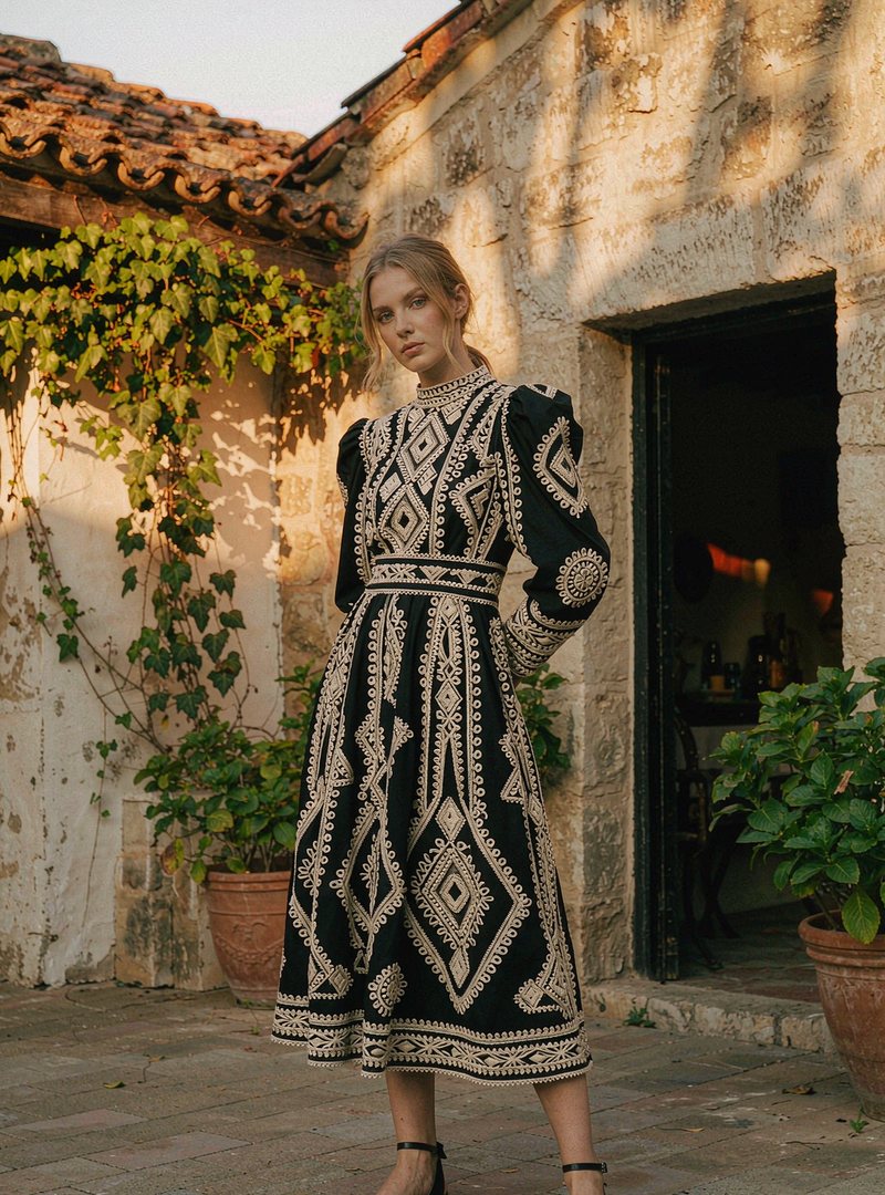 Elowen Embroidered Midi Dress — Ink, modelled outdoors
