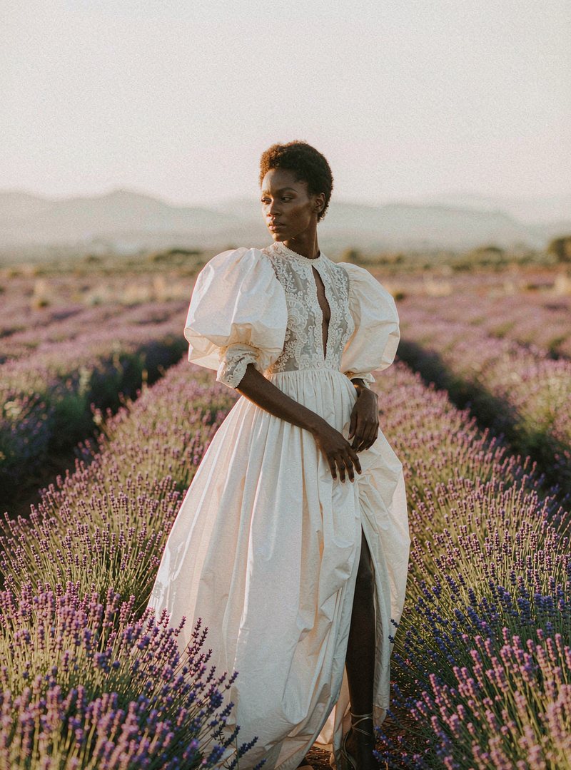 Rosalind Puff Sleeve Dress — Pearl, modelled outdoors