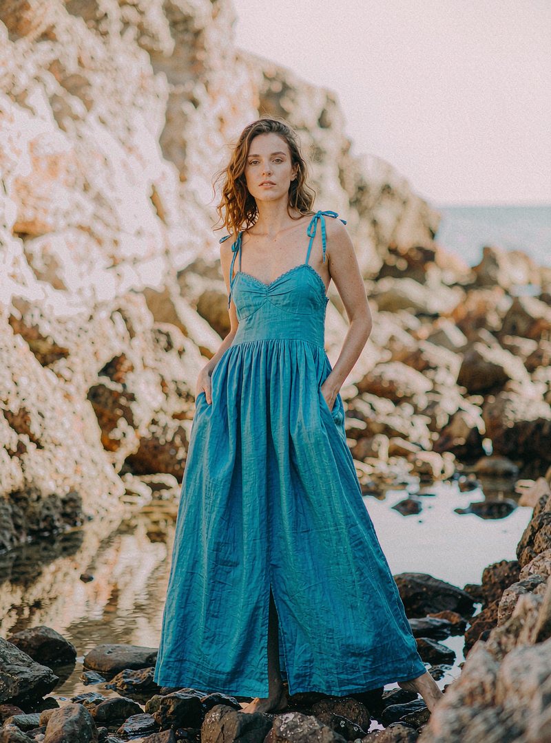 Neroli Linen Sun Dress — Lagoon, modelled outdoors