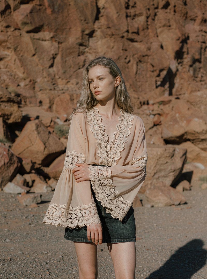 Ines Boho Blouse — Light Sand, modelled outdoors