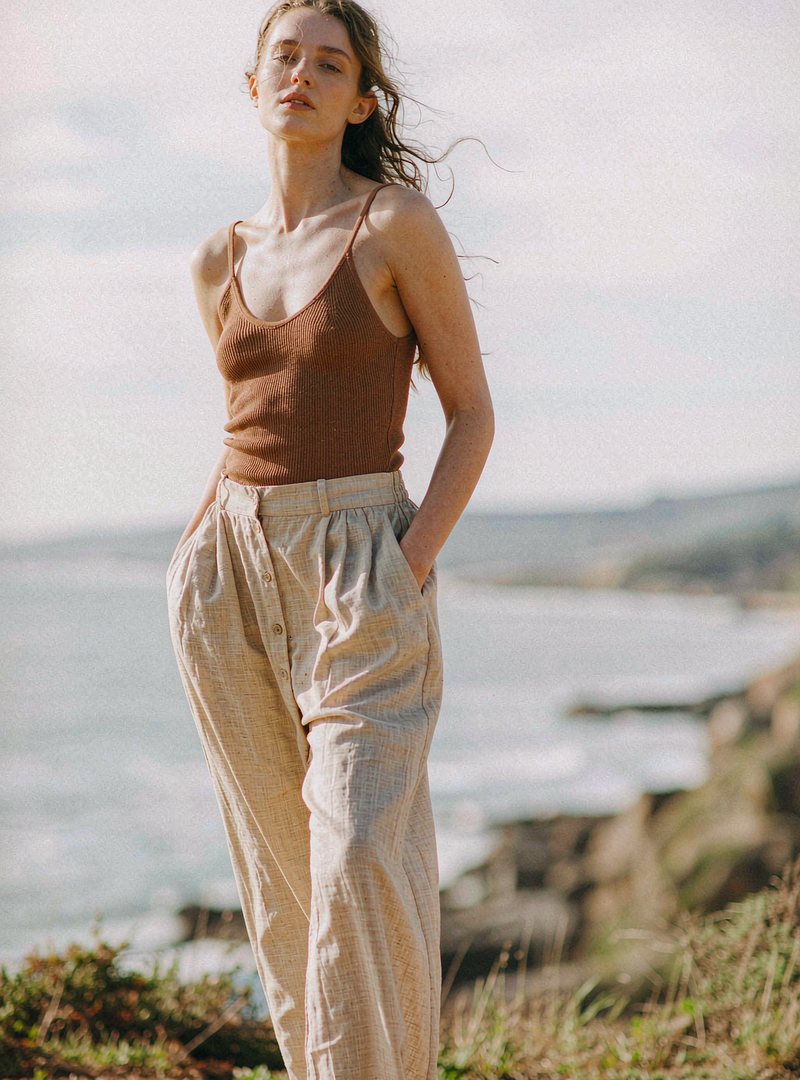 Mirren Knit Tank — Cocoa, modelled outdoors