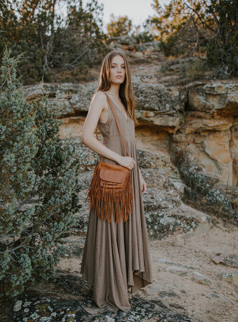 Nomad Fringe Crossbody — Cognac, modelled outdoors