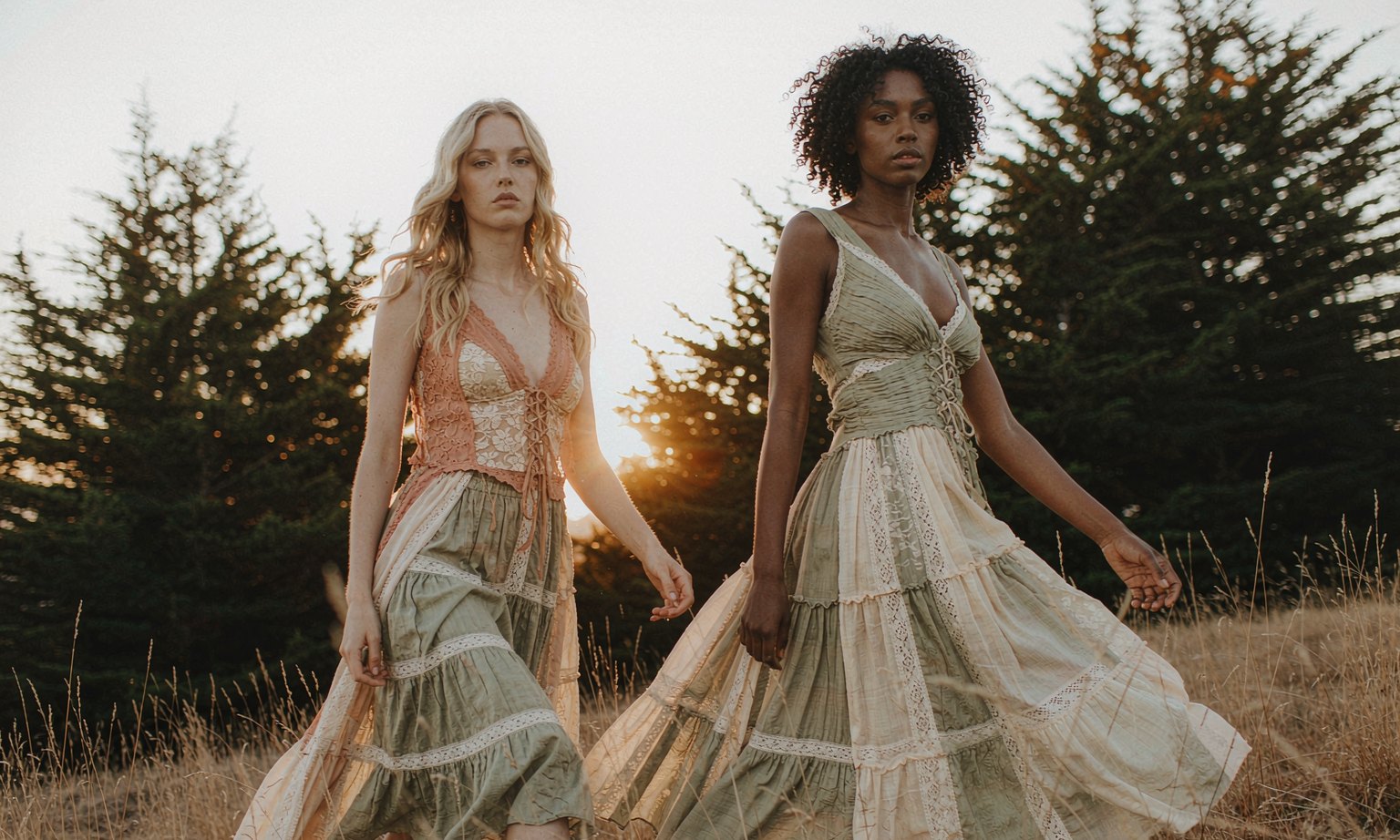 Two models walking through golden grass at sunset wearing flowing boho dresses